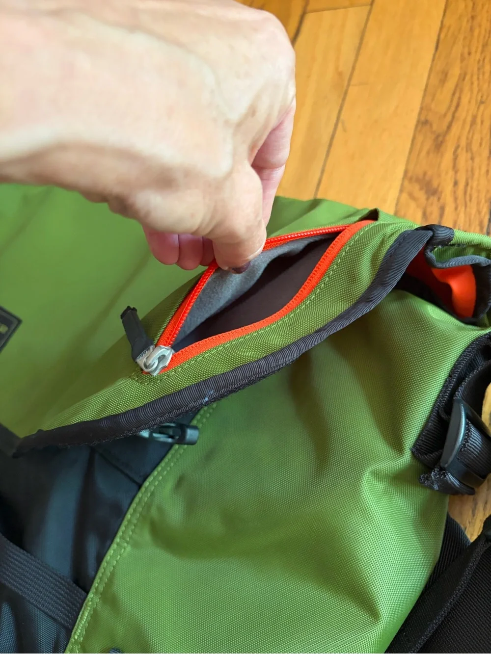 Timbuk2 Olive Green, Black & Orange Messenger Bag.